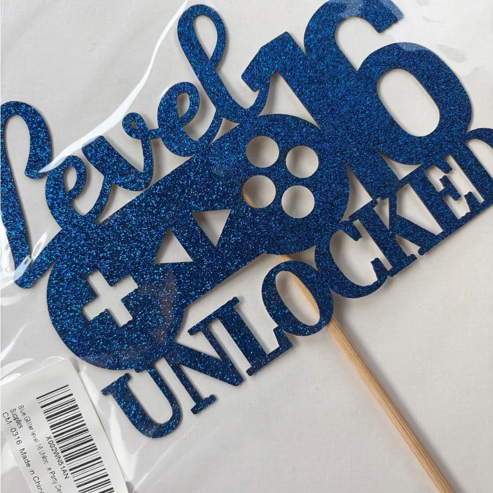 Blue Glitter Level 16 Unlocked Cake Topper